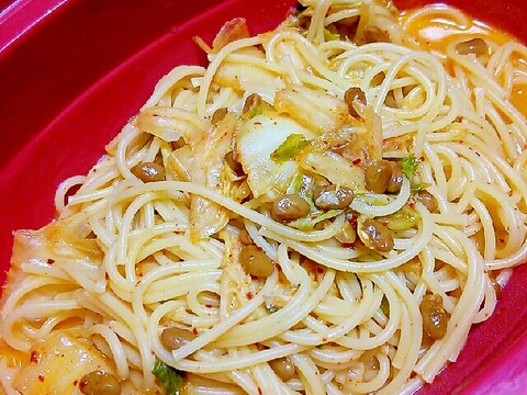 キムチマヨネーズ納豆のスープパスタ